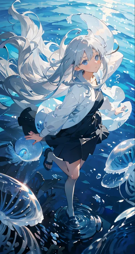 (masutepiece), (Best Quality), Highly detailed, 1 girl, solo full body shot, Perfect face, Anime Beautiful Girl, extra detailed face，(long gray hair:1.5)，(Blue eyes:1.4)，(Floating hair:1.4)，under the water，ocean floor，AngelT，foam，Jellyfish，sea weed