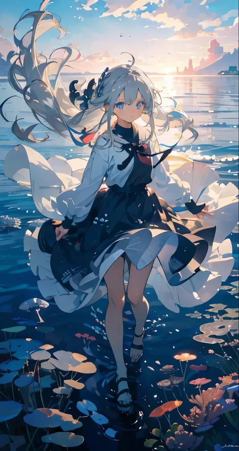 (masutepiece), (Best Quality), Highly detailed, 1 girl, solo full body shot, Perfect face, Anime Beautiful Girl, extra detailed face，(long gray hair:1.5)，(Blue eyes:1.4)，(Floating hair:1.4)，under the water，ocean floor，AngelT，foam，Jellyfish，sea weed，the ree...