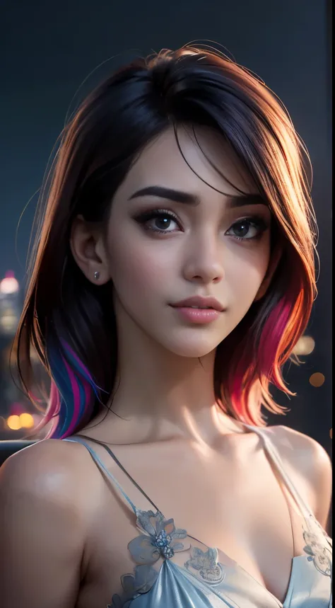 photo of Janice Griffith, RAW, beautiful woman, ((portrait)), ((detailed face:1.2)), ((detailed facial feature, detailed skin, clear skin), (perfect proportioned body), (wearing a colorful sexy dress) (high detailed city environment, apartment balcony), (r...