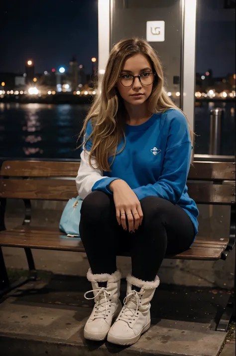 1woman, ombré blonde balayage hair, beautiful blue eyes, freckled face, circle glasses, off-white sweatshirt, seamless black leggings, black leggings, fuzzy faux fur boots, ugg style boots, night city background, sitting on bench, full body portrait, raw p...