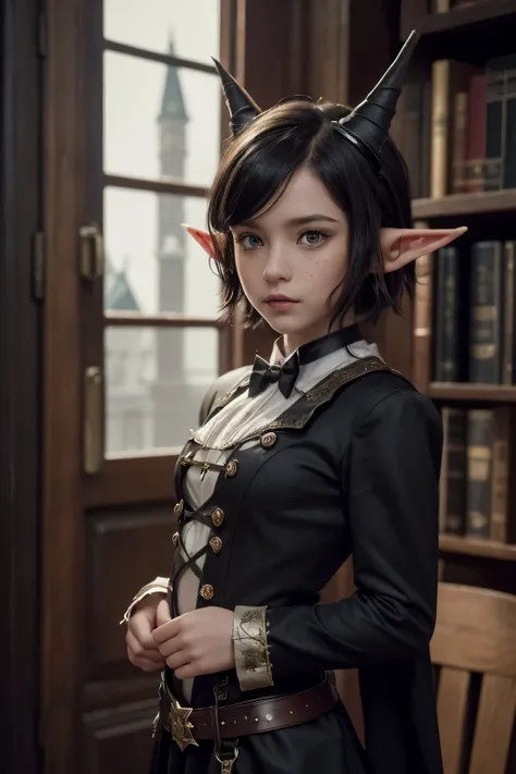 (Dark Academy Style), (1Short girl, Russian model face, ((Two Little cute Elf ears)), Cute, beautiful, freckles), (Short black hair), Wearing formal steampunk clothes, (Looking at POV)