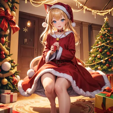 anime girl in santa outfit sitting on a chair in front of a christmas tree, loli, splash art anime loli, guweiz on pixiv artstation, rin, cute anime waifu in a nice dress, christmas night, guweiz on artstation pixiv, cute anime girl, loli in dress, anime v...