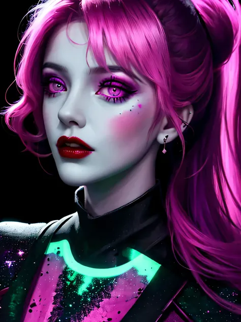 (close-up), portrait, portrait, (solo), night time, dark, woman, medium breasts, long hair, (pink hair) hair up, masterpiece, best quality, black clothes, fashi-girl,
red lips,
mature female,
makeup high contrast, psychedelic, [[[lsd]]],  purple,  silver, ...