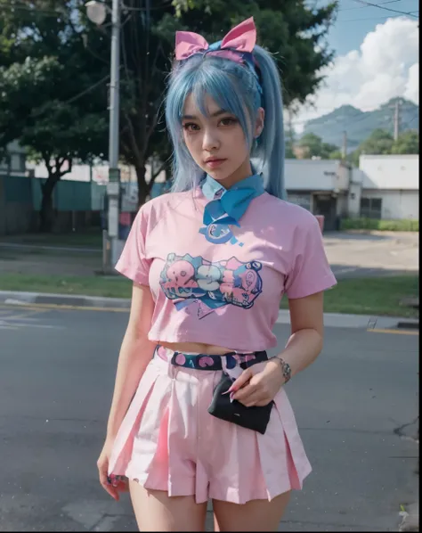 araffe girl with blue hair and a pink shirt and a blue bow, anime girl in real life, bulma from dragon ball, 8 0 s anime vibe, japanese streetwear, saiyan girl, wearing cyberpunk streetwear, 9 0 s anime style, 90s anime style, knights of zodiac girl, anime...