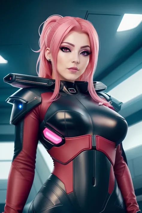 Portrait of woman with pink hair style, red eyes, Wear a futuristic black leather suit, fundo vermelho