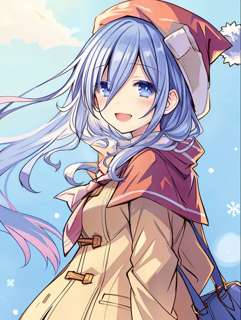 beautiful girl, light smile, open eyes, detailed eyes, school uniform, pretty anime girl, long hair, wind, red christmas hat, wi...