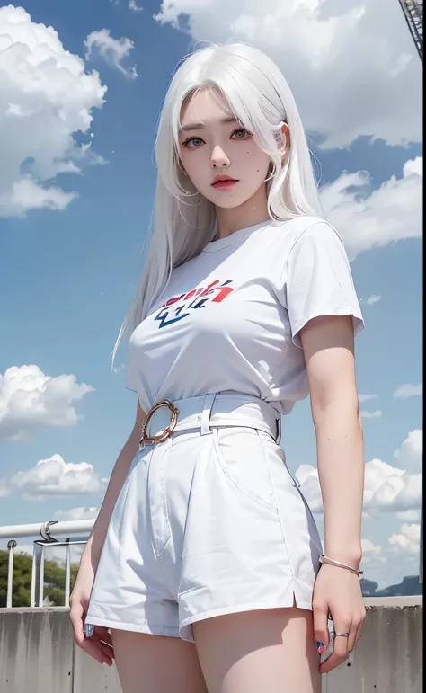 (tmasterpiece, actual, A high resolution), (1 girl): 1.2), korean people, ((White hair rings): 1.3), (heterochromatic eyes: 1.1, Thick eyebrows, There is a small mole under the eye), disease, (white  shirt, Red sports short chest): 1.2, upper legternal, wi...