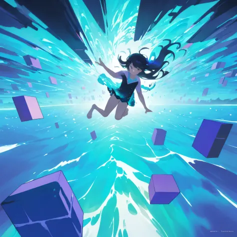 minimalistic girl flying through a wave of cubes, ((looking into a trippy sea)), perspective, epic, colorful, cover art, cinematic, (((minimalistic))), trippy