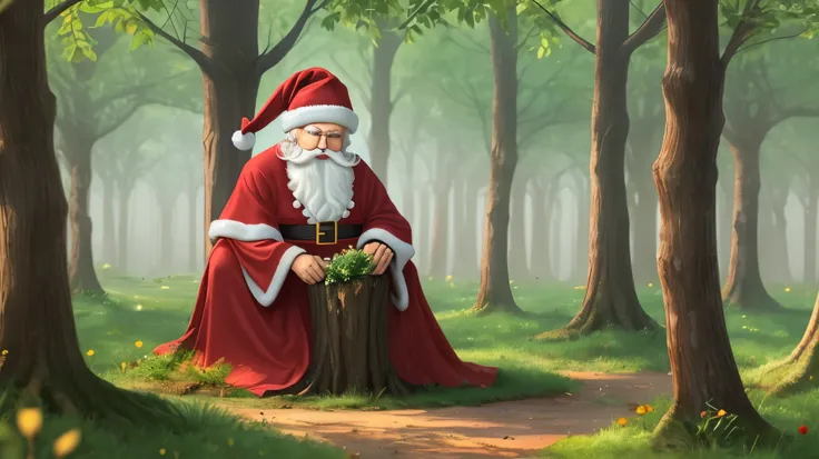 an area of deforested forest with several lifeless stumps where there is a Santa Claus in a green outfit planting a tree seedling. --auto --s2