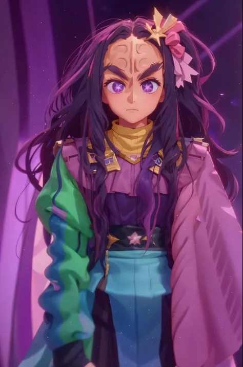 fullbody Hoshino Ai, long hair, purple hair, streaked hair ,purple eyes, star-shaped pupils, hair ornament, klingon forehead ridge thick eyebrows dark skin