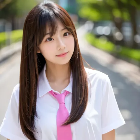 Long hair Japanese girl white shirt pink tie cute straight ahead