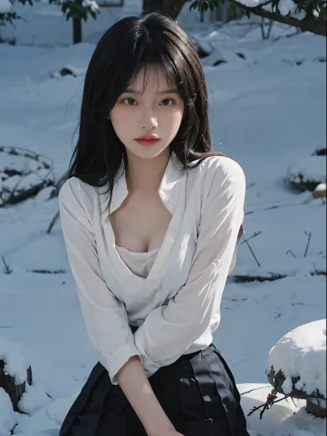 Best quality， 超高分辨率， （realistically：1.4）， girl， A pair of eyes as clear as snow,Imperial sister，Black long straight，red school uniform， looking at viewert， closeup cleavage ，