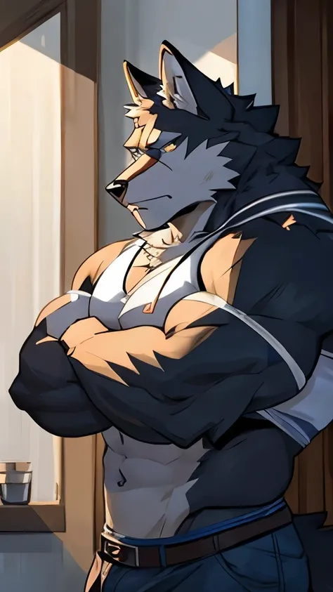 furry male wolf species, has a buff and big muscle body, crying and sad, depressed