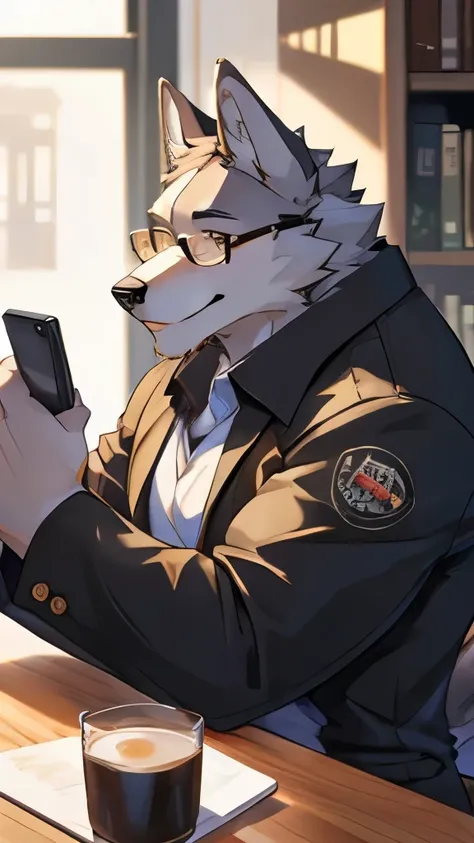 furry male wolf species, big body, use rounded glasses, drinks coffee, playing with phone