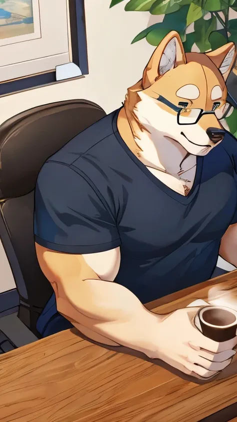 furry male shiba, big body, use rounded glasses, working, likes coffee