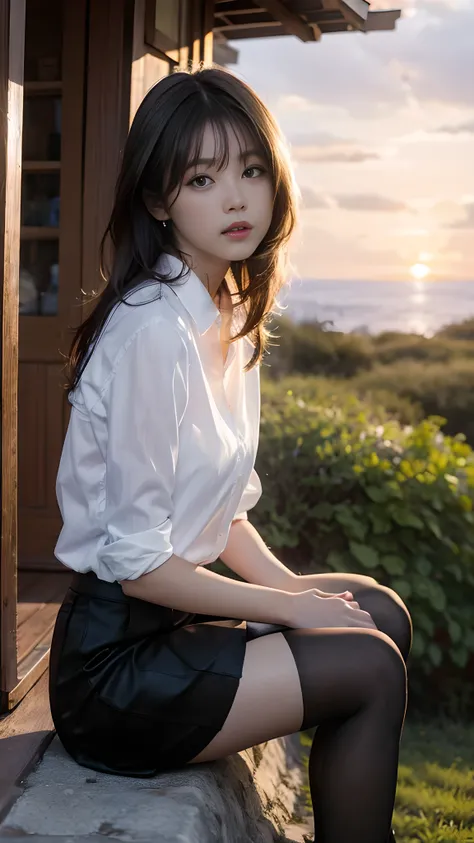 超A high resolution, Real, photographrealistic, imagination, (reality), crystal clear skies, Composition, Sunset, (nffsw:1.5), outside of house, intricate detailes, Collar shirt, skirt by the, Black stockings, 8K, Sitting position with bent knees and legs o...