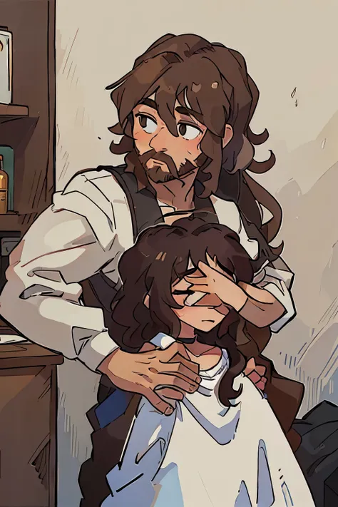 a man with a beard and short hair and a woman with very long curly hair brown kissing each other