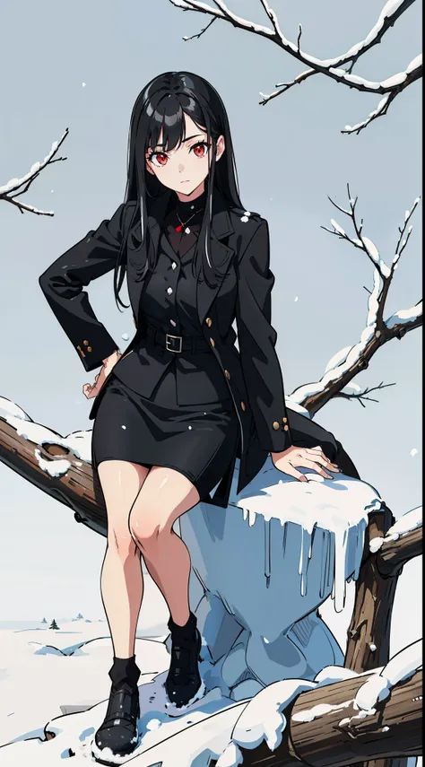 1girl,solo,medium breasts,((black overcoat,black shirt)),(((black pencil skirt,black pantyhoses))),black hair,long hair,red eyes,((standing in snow,in forest,sitting on a branch high up in a tree)),