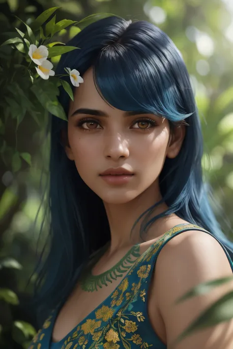 fashion photography portrait of indian girl with blue hair, in lush jungle with flowers, 3d render, cgi, symetrical, octane render, 35mm, bokeh, (intricate details:1.12), hdr, (intricate details, hyperdetailed:1.15), (natural skin texture, hyperrealism, so...