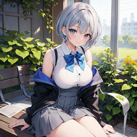 1girl, grey eye, blue short hair, wearing short skirt, highschool uniform, show shoulder, look at viewer from beside, cute, big boobs, sit at garden, smile seductively