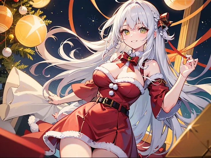 white haired young woman, 25 years old,  body, golden eyes, long-haired,Green braid tied in bows left and right..........Big breasts..,, Put on a Santa Claus outfit...large white chest, Hanging under the Christmas tree with friends A slightly smiling face....