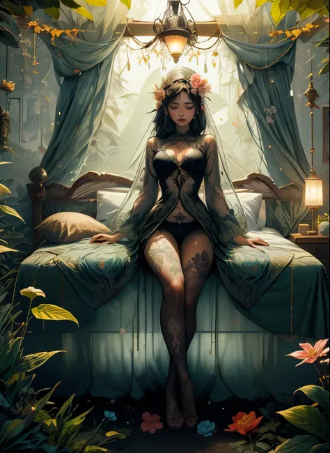 1 with forest clothes, flowers, leaves, mandalas, fractal,, Sleeping Beauty, by Bella🦋 full body, beautiful girl sleeping, room with mirror, girl sleeping on bed and sheets, old clock and lamp on table, full body, black hair, Transparent clothing,open legs...