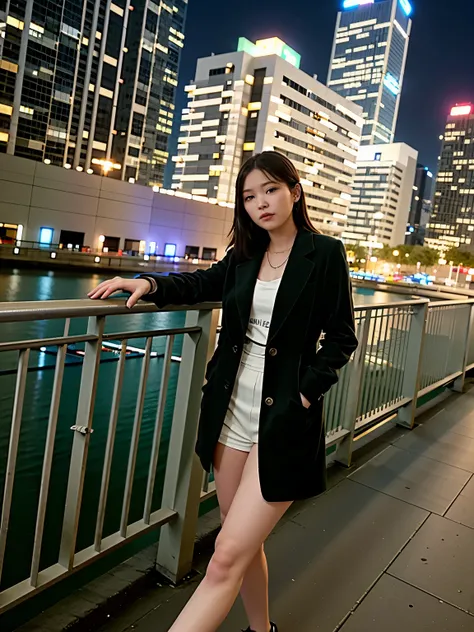 woman standing on a bridge in front of a city at night, standing in a city center, photo taken in 2 0 2 0, louise zhang, in fron...