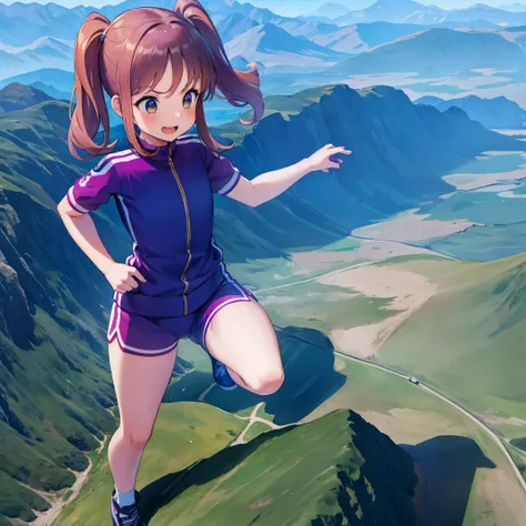 1girl,cute, teenager,running clothes, GTSGiga, mountains,running, full view, size difference, tiny humans around, taller than mountains, one person