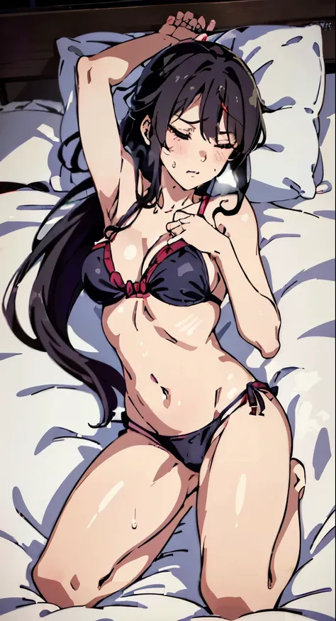 Both legs、Side face、 enchanting gesture、(tmasterpiece、quality、the detail、超高分辨率、8K、Beautifully detailed lighting、Very beautiful girl、2 meters long black hair，female high-school student、Clothed only in bikini、cleavage display、 at class room、kneeling on a bed...