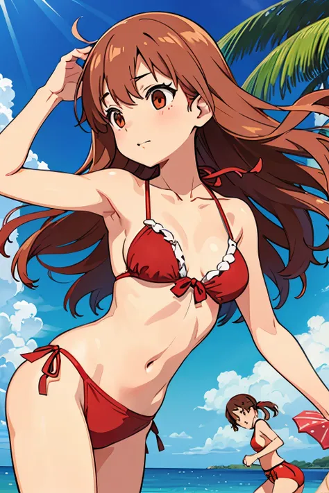 red swim wear,realistic cloth wrinkles,The bikini,Summer sandy beach, crowd of Females in their late teens,Ghibli style illustration