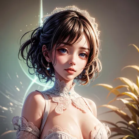 SFW, concept art, Tiny junior idol, Delicate lace knitted white clothes, (nipple:-0.9), face closeup, (((Renbutsu Misako), Dazzling and delicate stained glass fills the backgrund, colorful Light shines through stained glass:1.2, vivid red colors, lense Par...