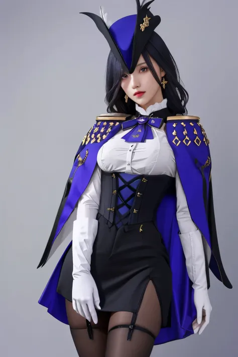 masterpiece, best quality, highly detailed, 1girl, solo, giclorinde, purple eyes, large breasts, hair between eyes, long hair, dark blue hair, earrings, black skirt, miniskirt, pantyhose, purple ascot, purple capelet, black corset, black pantyhose, black s...