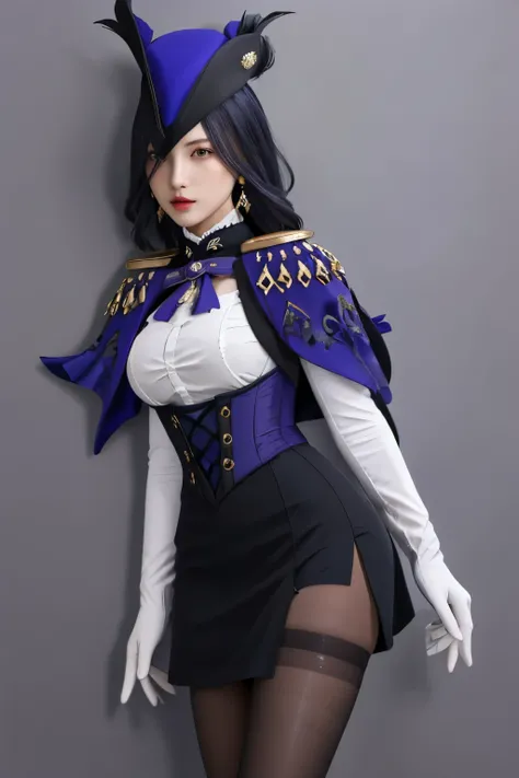 masterpiece, best quality, highly detailed, 1girl, solo, giclorinde, purple eyes, large breasts, hair between eyes, long hair, dark blue hair, earrings, black skirt, miniskirt, pantyhose, purple ascot, purple capelet, black corset, black pantyhose, black s...