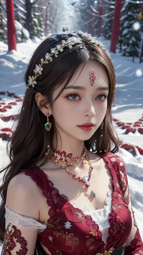 8k, masterpiece, 1 girl, beautiful face, very long hair, light makeup, detailed eyes, detailed lips, small bust, winter dress, maroon dress, (wearing jewellery:1.8), (maroon lace:1.4), ((snow falling:1.4)),