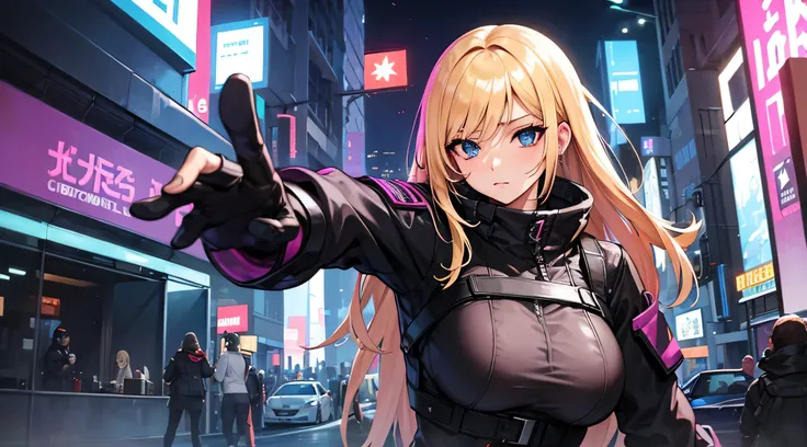 mujer hermosa rubia , estililo cyber punk en la ciudad