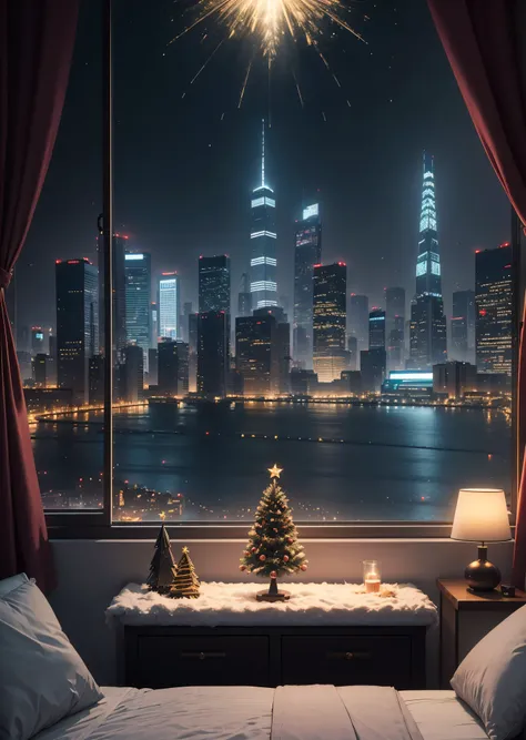 best quality, masterpiece, (dark room with mini christmas tree on bedside table:1.1), full glass window view, cyberpunk city, snowing outside at night, skyscrapers, neon lights outside