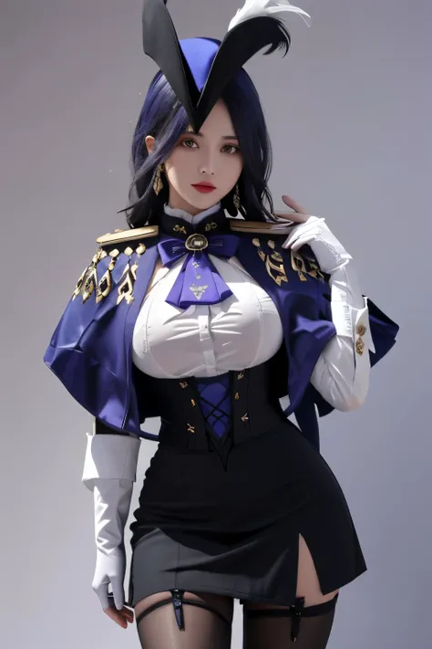 masterpiece, best quality, highly detailed, 1girl, solo, giclorinde, purple eyes, large breasts, hair between eyes, long hair, dark blue hair, earrings, black skirt, miniskirt, pantyhose, purple ascot, purple capelet, black corset, black pantyhose, black s...