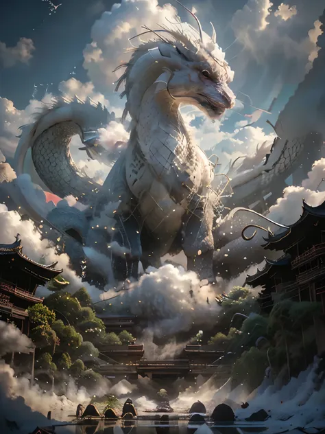 bj_sacred_beast,red_eyes,outdoors,horns,sky,cloud,no_humans,bird,cloudy_sky,scenery,stairs,fantasy,dragon,architecture,east_asia...