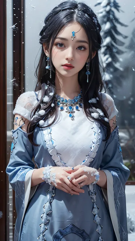 8k, masterpiece, 1 girl, beautiful face, very long hair, light makeup, detailed eyes, detailed lips, small bust, winter dress, indigo dress, (wearing jewellery:1.8), (indigo lace:1.4), ((snow falling:1.4)),