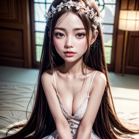 SFW, concept art, Tiny junior idol, Delicate lace knitted white clothes, (nipple:-0.9), ((face closeup)), (((Renbutsu Misako), Dazzling and delicate stained glass fills the backgrund, colorful Light shines through stained glass:1.2, vivid red colors, lense...