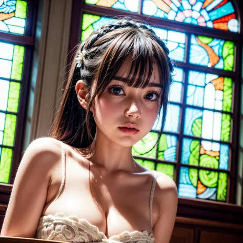 SFW, concept art, Tiny junior idol, Delicate lace knitted white clothes, (nipple:-0.9), ((face closeup)), (((Renbutsu Misako), Dazzling and delicate stained glass fills the backgrund, colorful Light shines through stained glass:1.2, vivid red colors, lense...