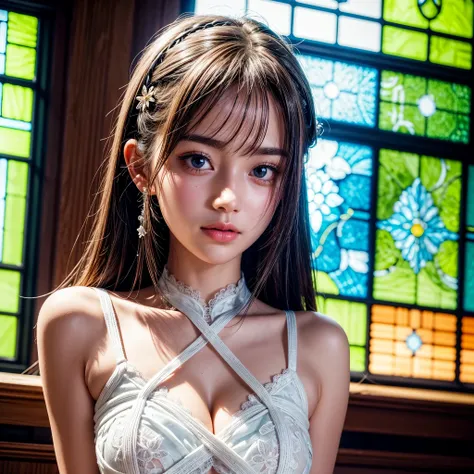 SFW, concept art, Tiny junior idol, Delicate lace knitted white clothes, (nipple:-0.9), ((face closeup)), (((Renbutsu Misako), Dazzling and delicate stained glass fills the backgrund, colorful Light shines through stained glass:1.2, vivid red colors, lense...