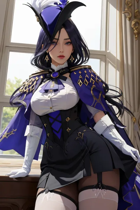 masterpiece, best quality, highly detailed, 1girl, solo, giclorinde, purple eyes, large breasts, hair between eyes, long hair, dark blue hair, earrings, black skirt, miniskirt, pantyhose, purple ascot, purple capelet, black corset, black pantyhose, black s...