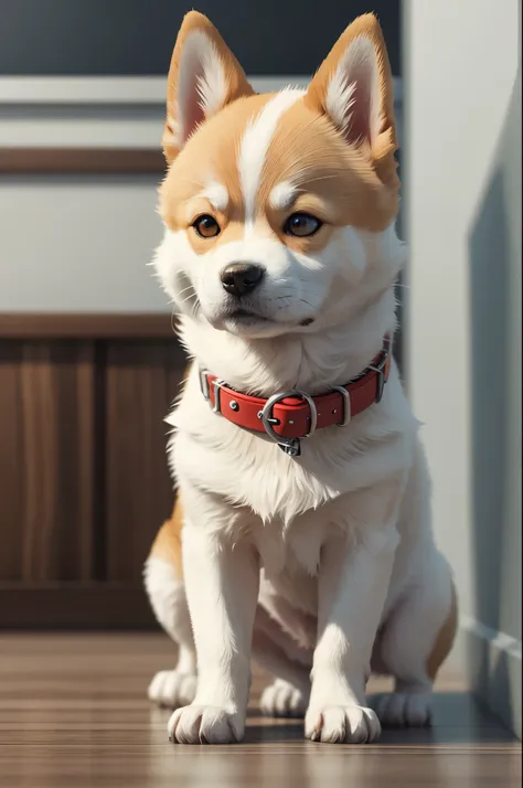 8K,There is a small white dog with a red collar and a green ball, cute 3d render, anthropomorphic shiba inu, rendered in redshift, semi - realistic render, maxwell render, super detailed render, highly detailed render, render naughty dog, hyper realistic d...