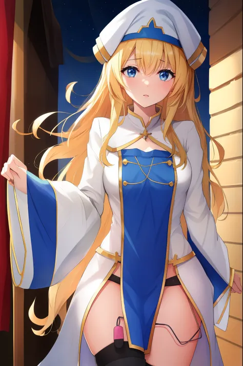 priestess, blonde hair, blue eyes, long hair, hair between eyes,vibrator in thighhighs thighvibe