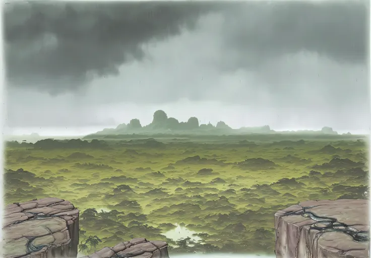 Grim, dark environment. A distant, landscape view of an alien planet with (dark slimy jungle swamp) filled with brown sludge. Two rock ledges seen in the foreground. Dark, grim, rainy, cloudy sky.