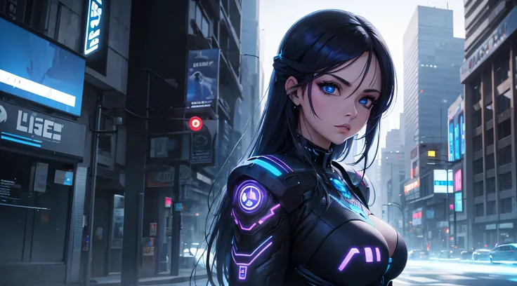 mujer hermosa , ojos azules,  estililo cyber punk en la ciudad