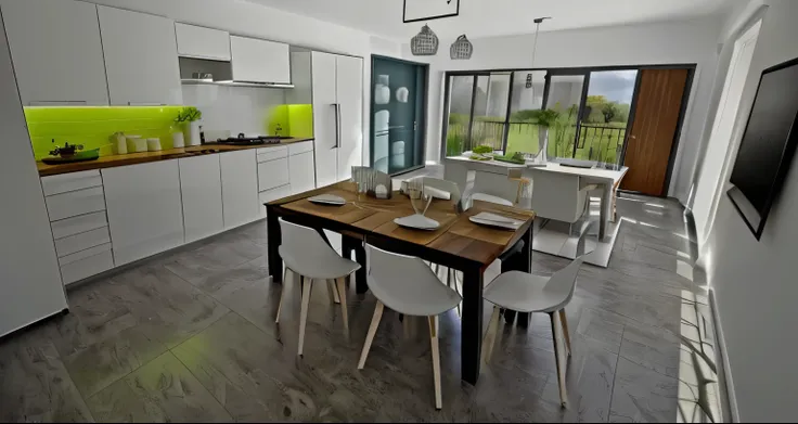 house kitchen, and living room, cozy style, with a table ready to serve, white kitchen with wooden countertop , and balcolny view with sliding doors