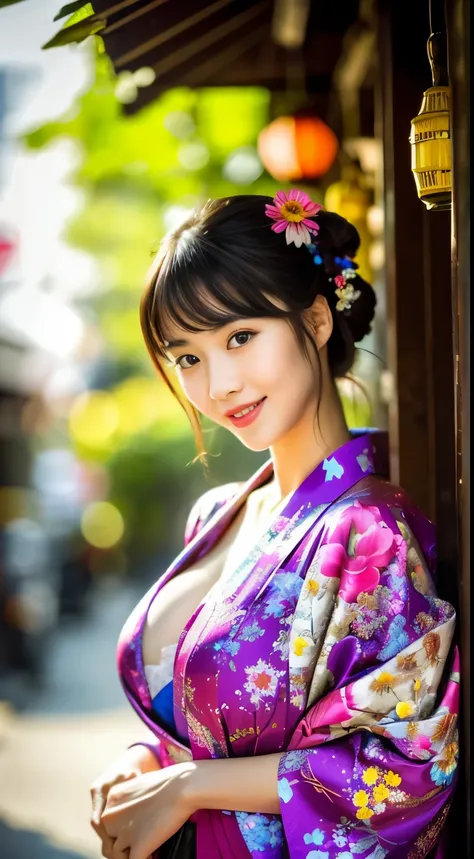 Full body,1girl,standing ryokan,warm smile(Perfect figure,be tall and slim),solo,(outdoor:1),sky,Focus on the face,looking at the viewer,Beautiful face,cute Japanese girl,Detailed delicate young face,oiled skin,(updo hair, sexy kimono, floral print, colour...