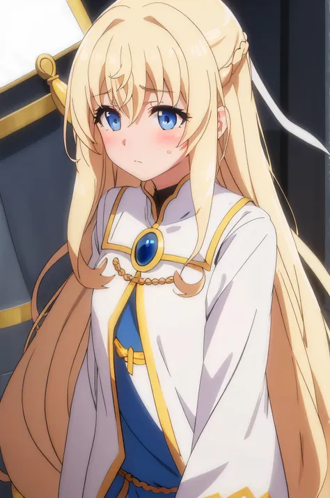 priestess, blonde hair, blue eyes, long hair, hair between eyes,((blush))